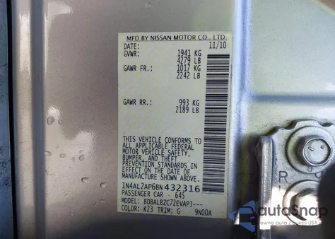 2011 Nissan Altima 2.5 S z USA, uszkodzony, nr VIN 1N4AL2AP6BN432316